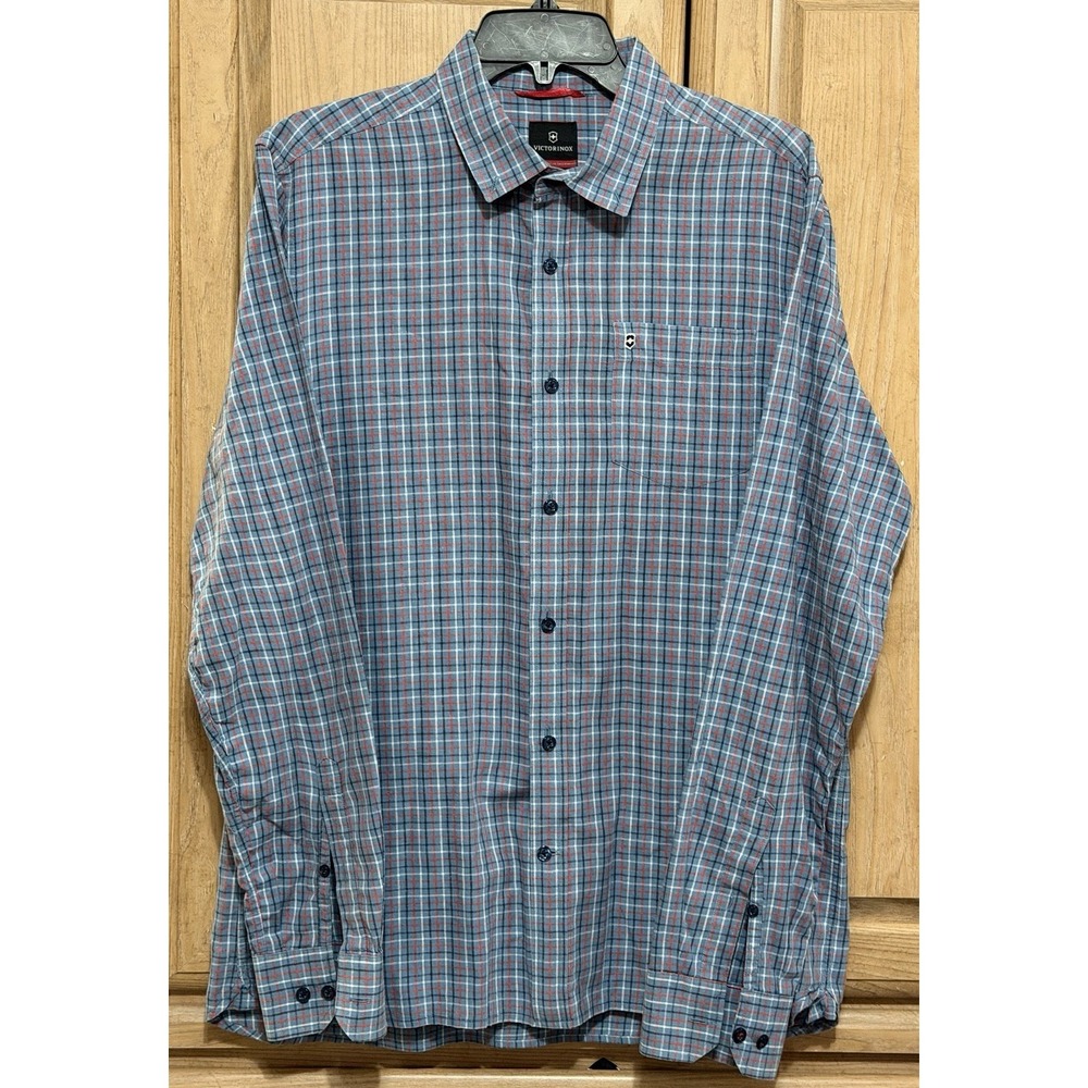 Victorinox Swiss Army Linen Blend Shirt Men's Large Blue Long Sleeve Button Up